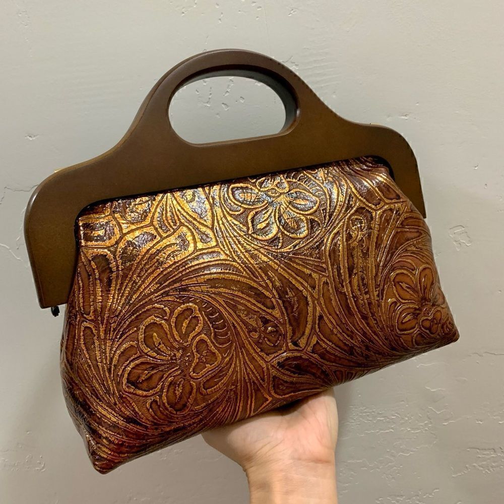 Vintage Style Handmade Genuine Embossed Leather Wooden Frame Bag/Crossbody - Picture 10 of 16